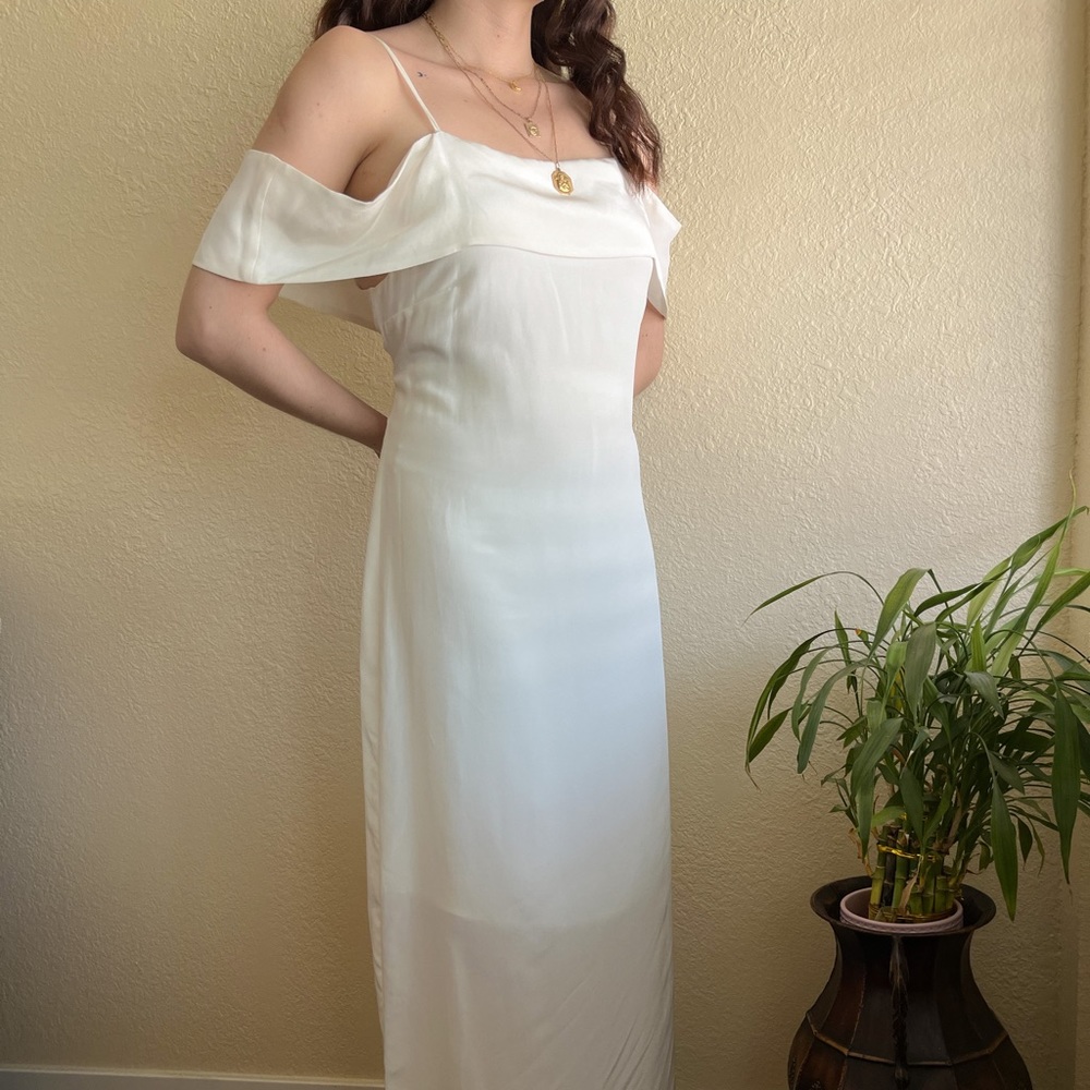 Off shoulder, silk maxi dress.